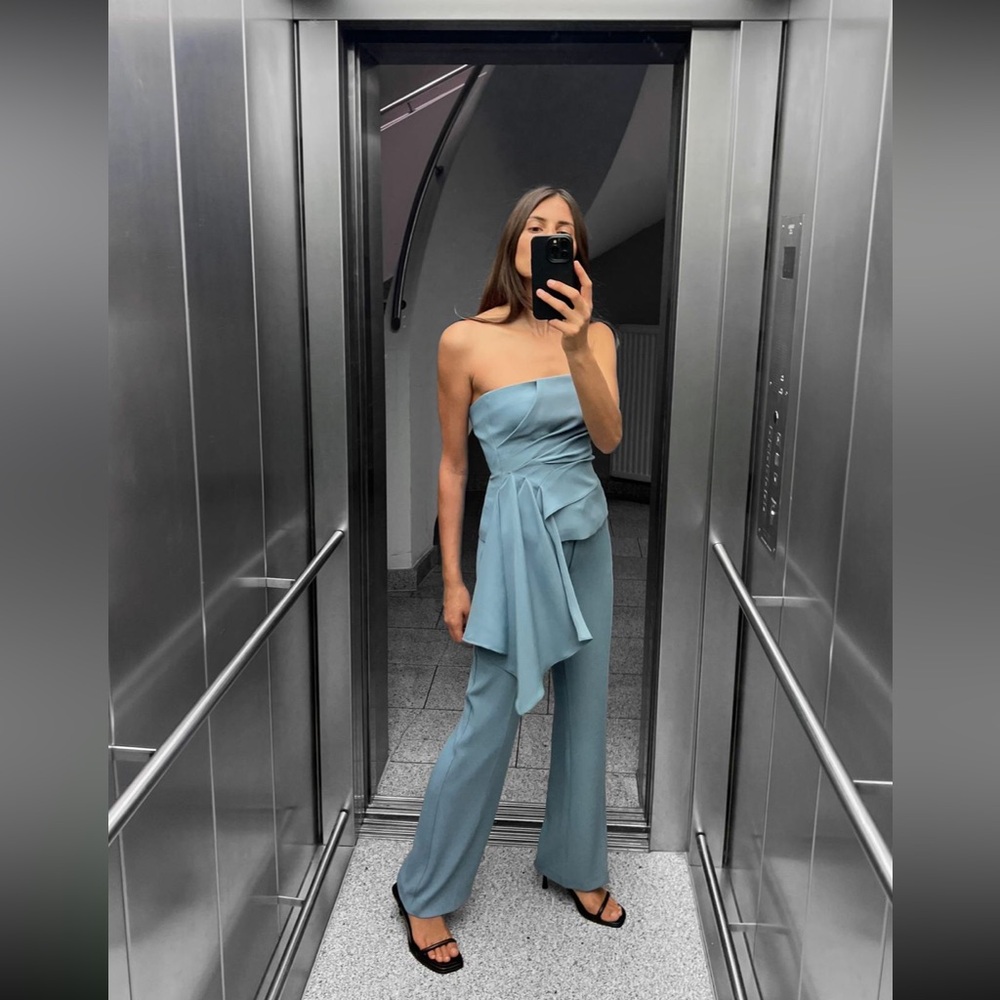 Elegant Blue Strapless matching top and pants bottom ZARA